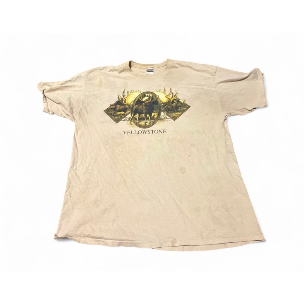 Yellowstone Moose Graphic T Shirt Gildan Ultra Cotton Beige 2XL Wildlife VTG